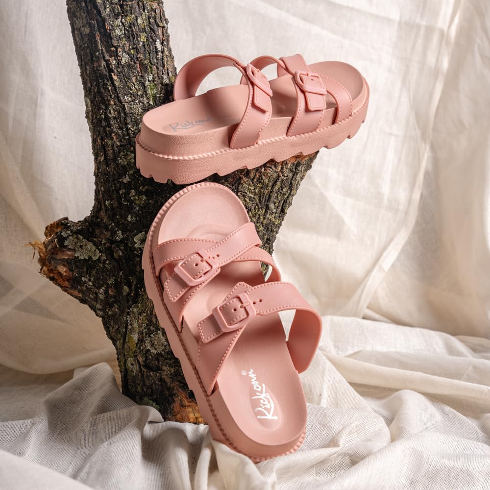 Indifeet Open Toe Buckle Sliders for Women - Peach - Image 20