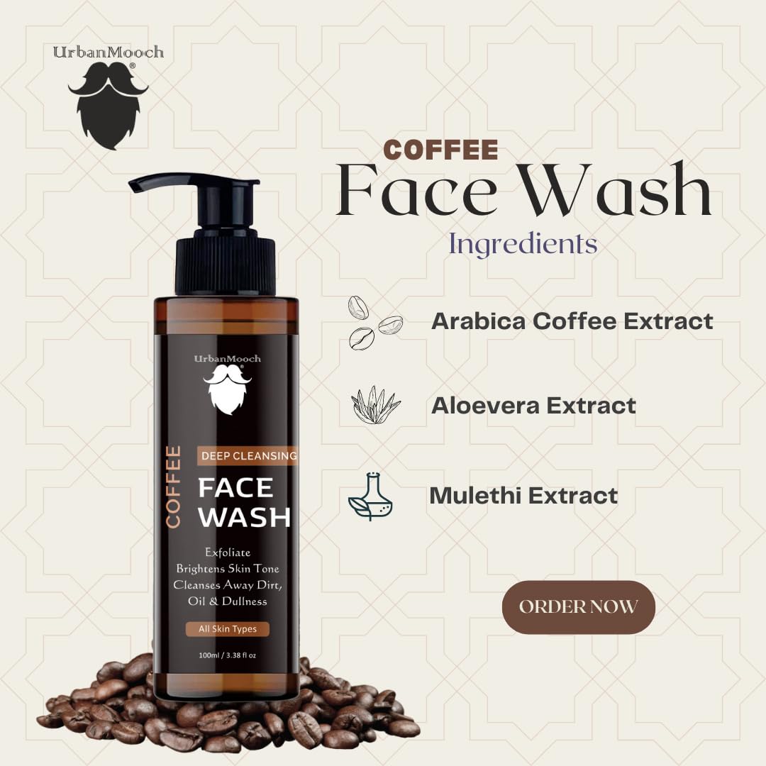 UrbanMooch Coffee Face Wash For Men | For Deep Cleansing | DeTan Skin | Glowing Skin with Arabica Coffee and Niacinamide |100ml each (Pack Of 2) Lohiya Retails