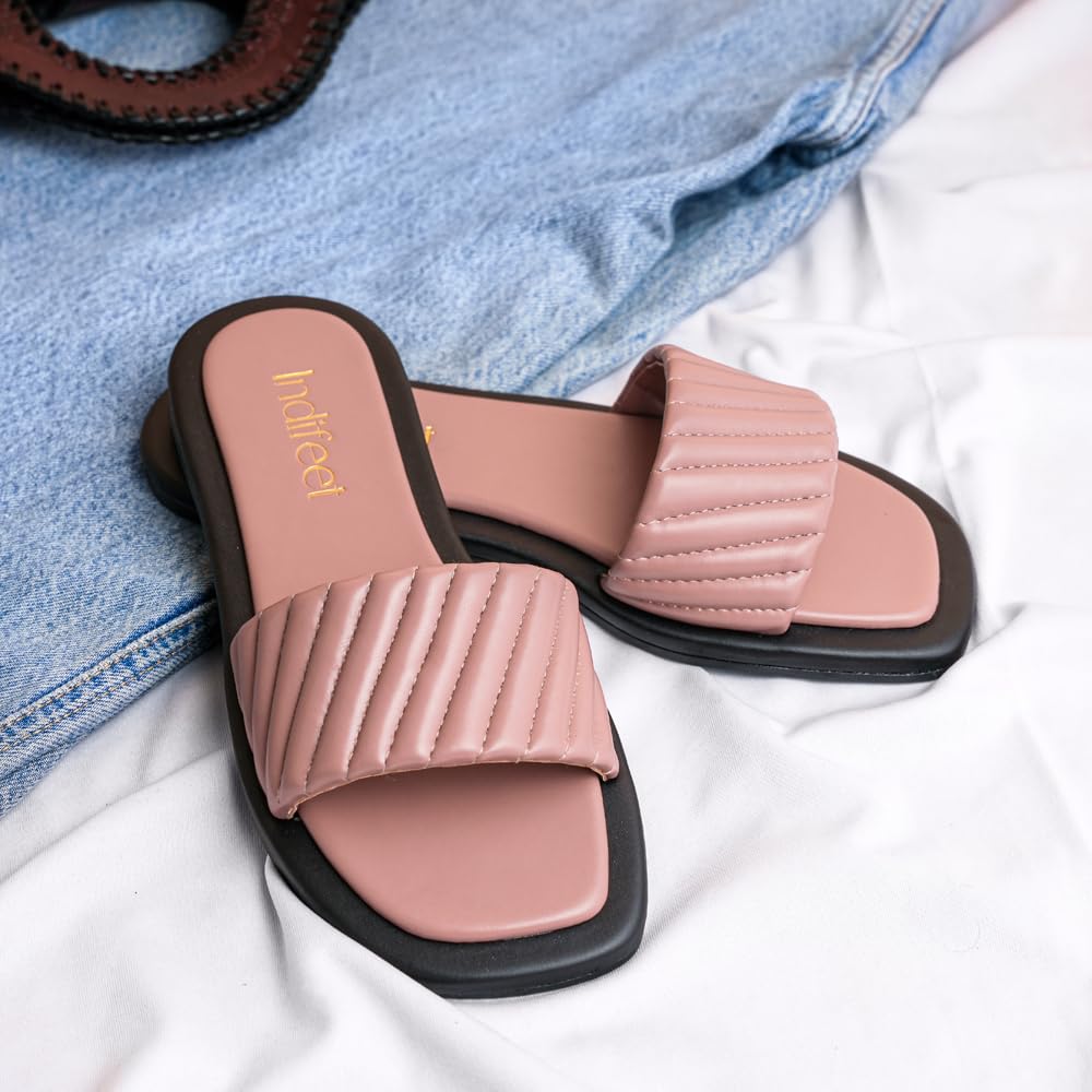 Indifeet Stylish Open Toe Flats for Women - Peach - View 3