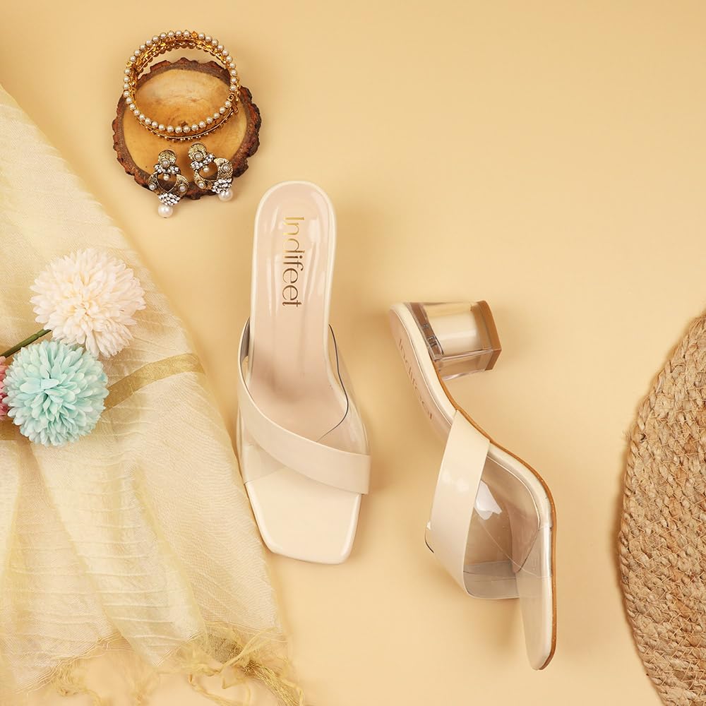 Indifeet Cross Strap Block Heels - Beige - View 2