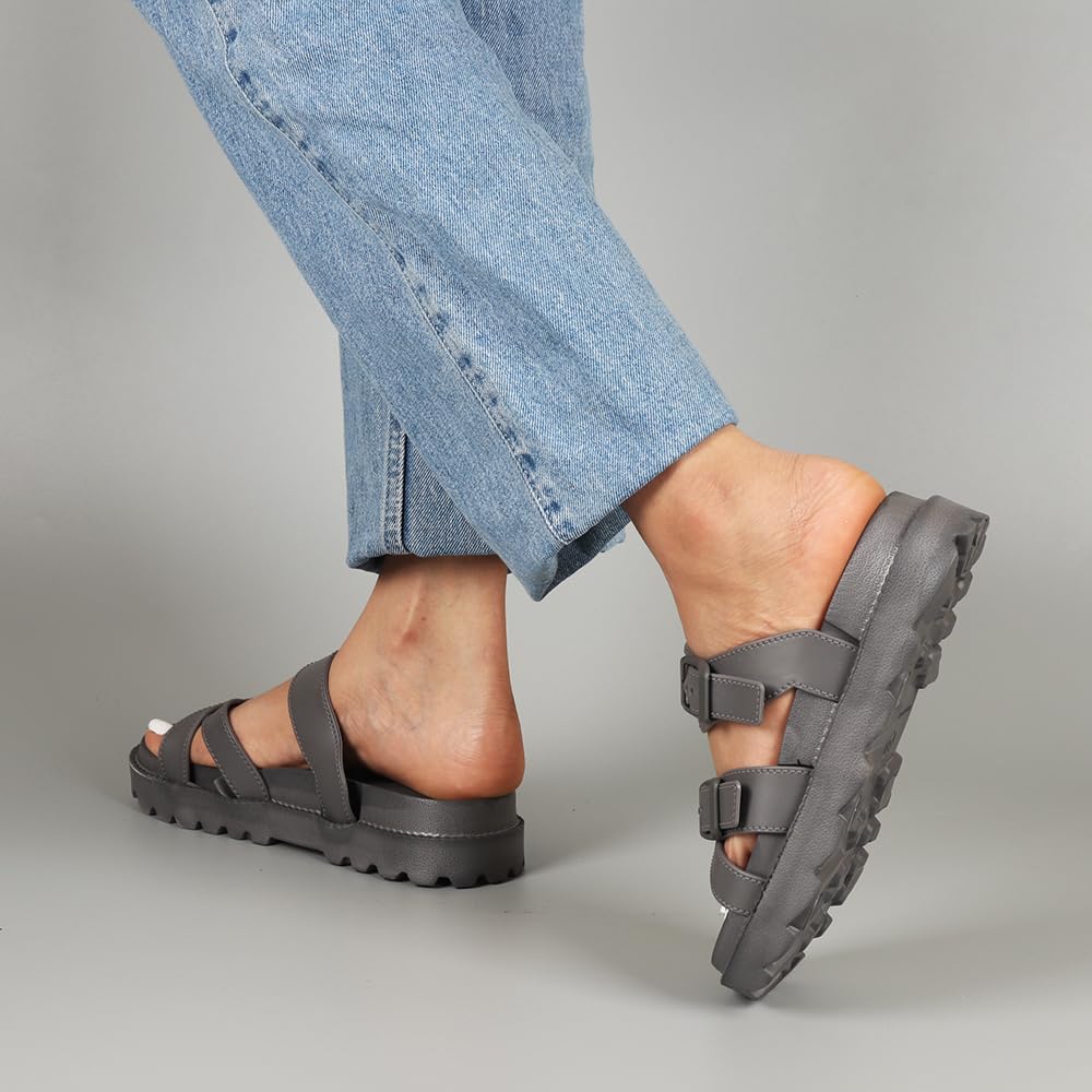 Indifeet Open Toe Buckle Sliders for Women - Grey - Image 15