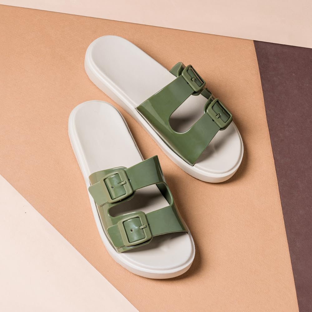 Indifeet Rubber Double Buckle Slides for Women - Green - Image 9