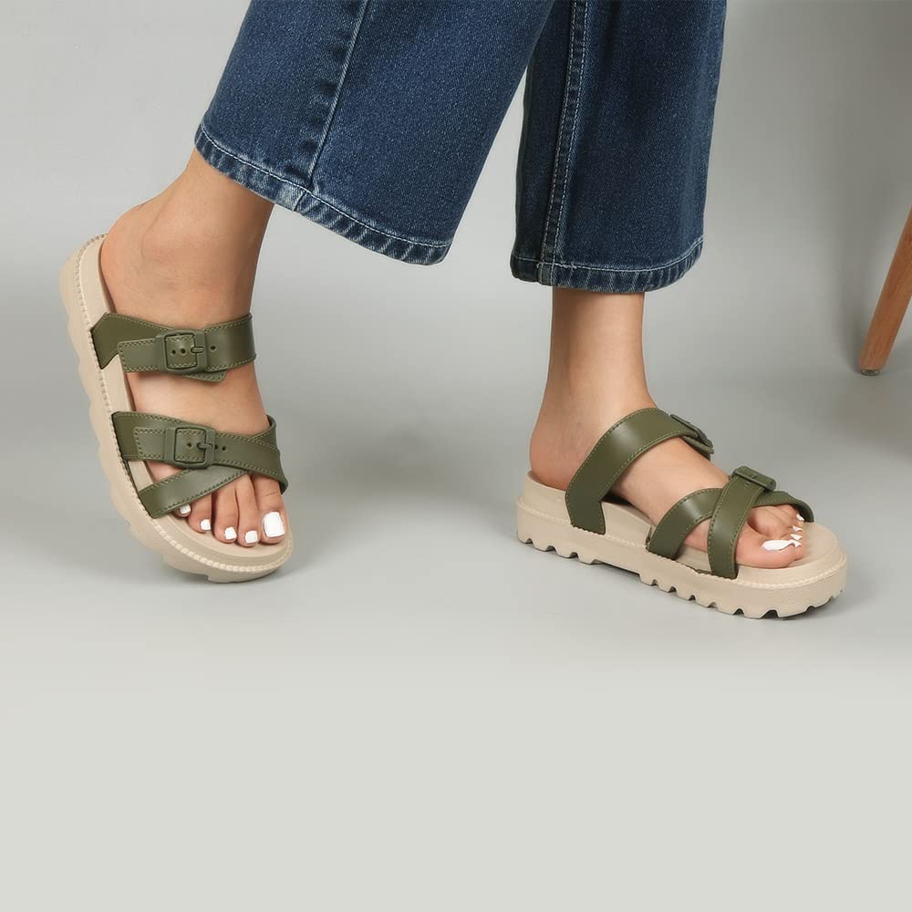 Indifeet Open Toe Buckle Sliders for Women - Green - Image 9
