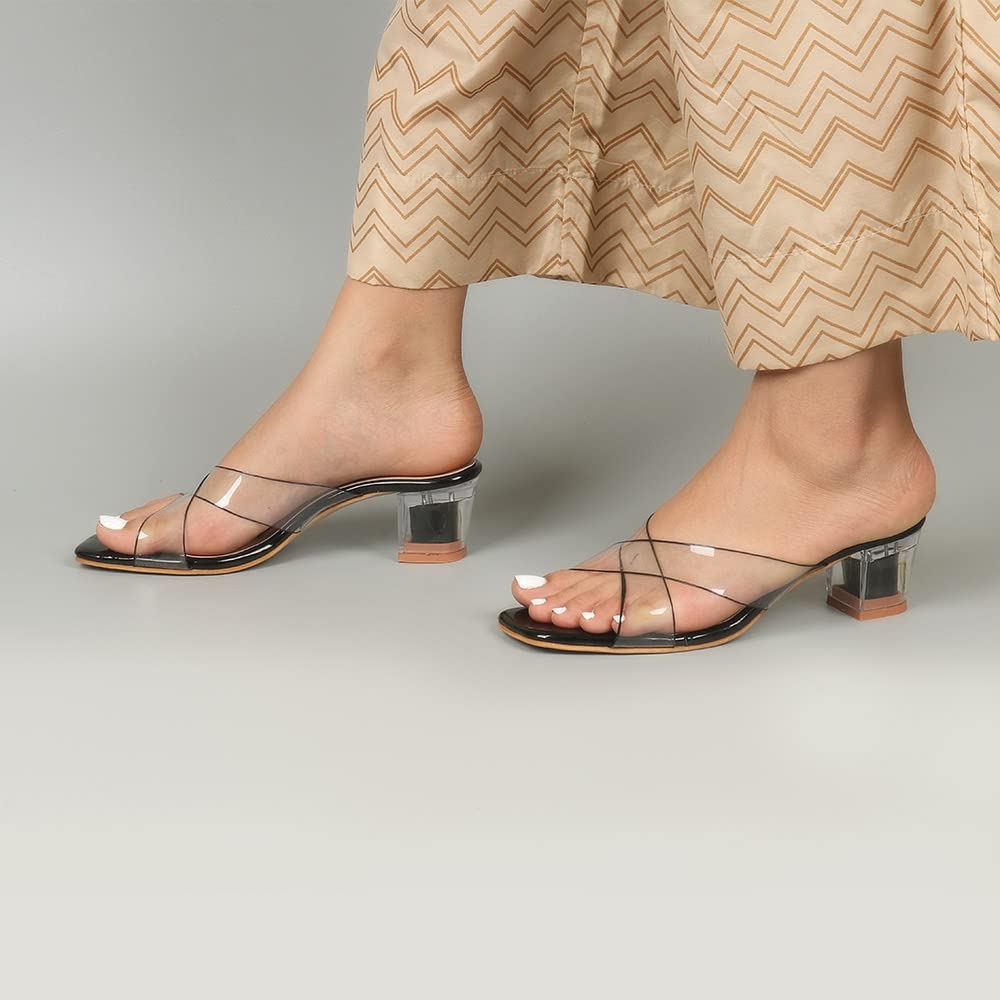 Indifeet Transparent Cross Strap Block Heels - Black - View 3