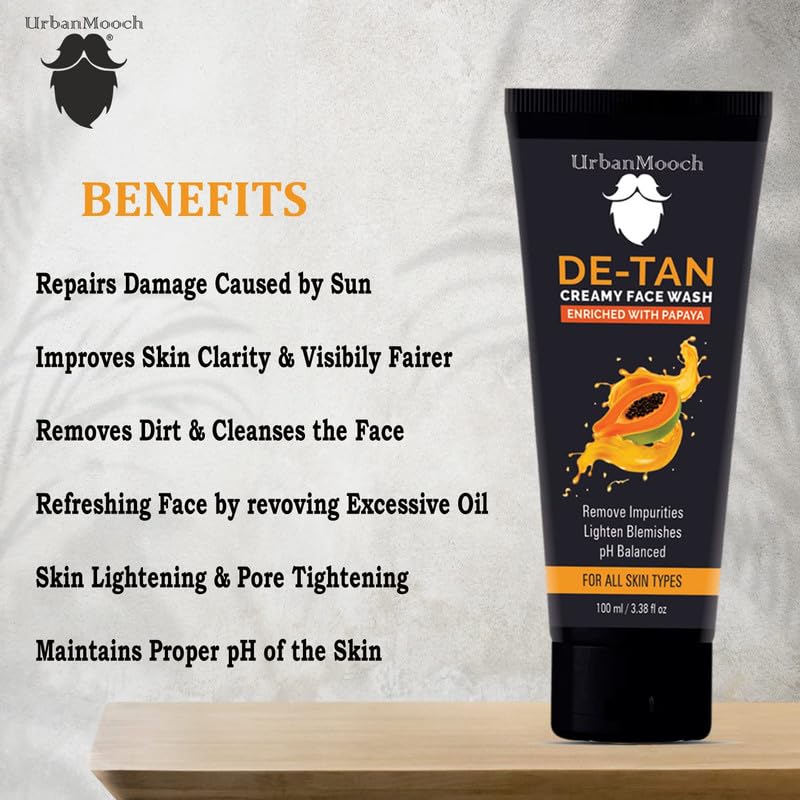 UrbanMooch Tan Removal Face Wash for Men | UrbanMooch DeTan Face Wash with Papaya Extract | Anti-Blemish, Oil-Free Daily Cleanser for Bright & Even Skin | Removes Dirt, Oil & Sun Tan – 100 ml Lohiya Retails
