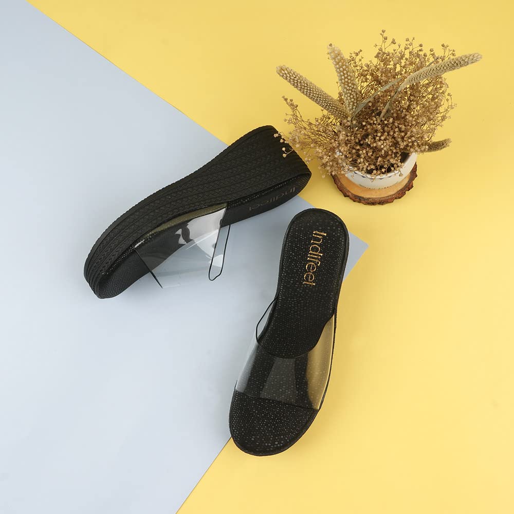 Indifeet Platform Wedge Heels for Women - Black - View 2