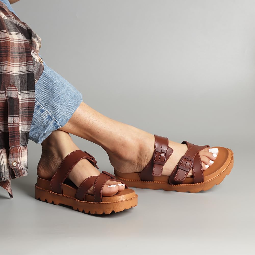 Indifeet Open Toe Buckle Sliders for Women - Brown - Image 4