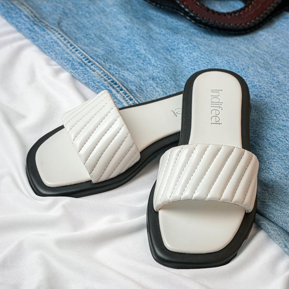 Indifeet Stylish Open Toe Flats for Women - White - View 4