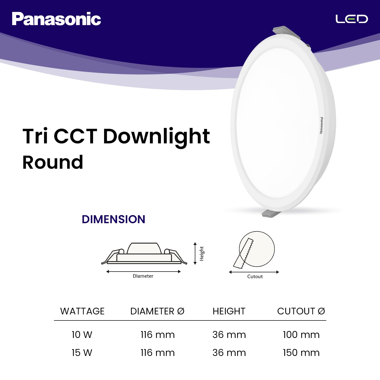 Panasonic 15W 3-in-1 Colour Downlight (Cool/Natural/Warm White)