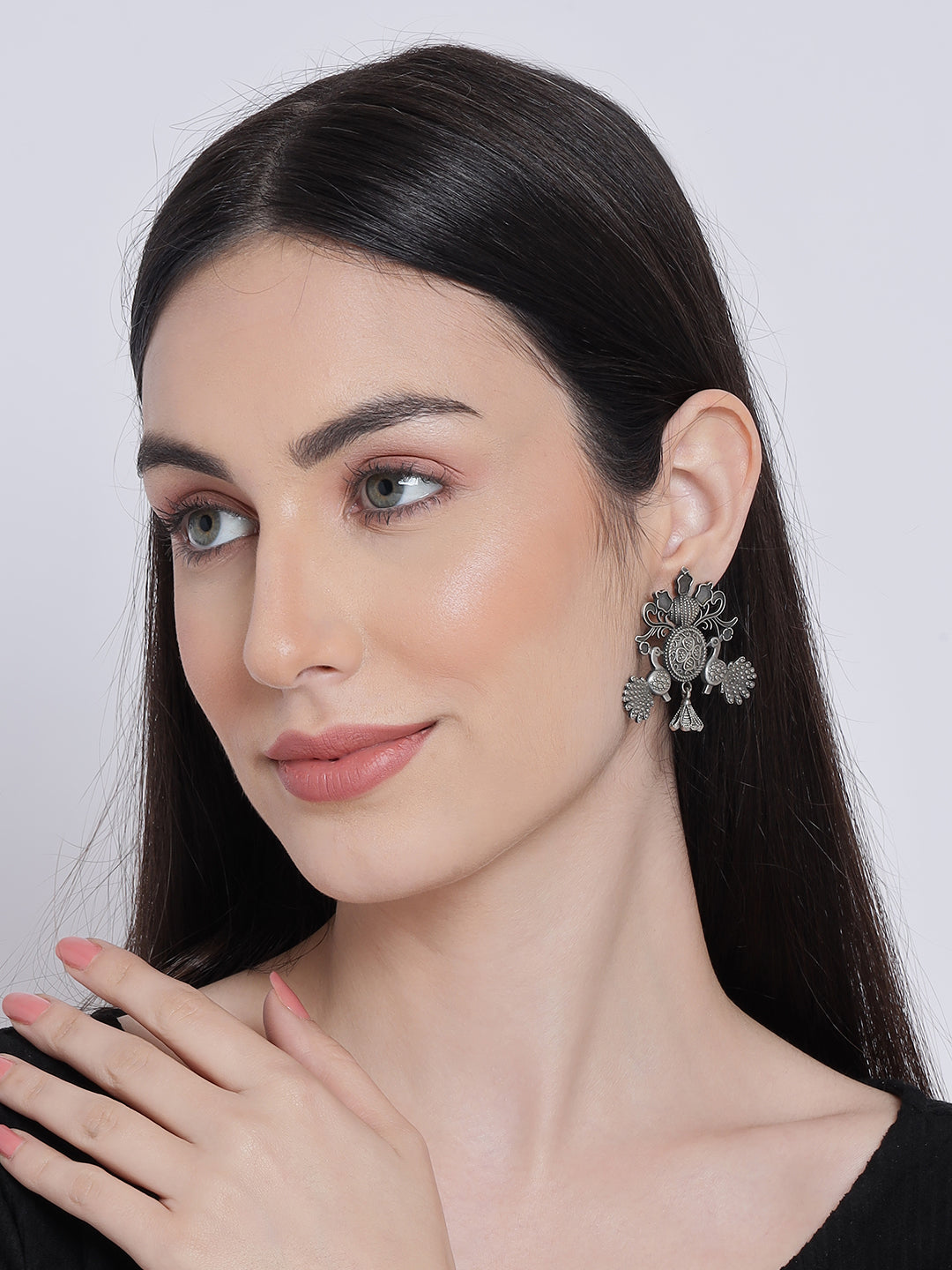 Silver-Toned Peacock Shaped Drop Earrings