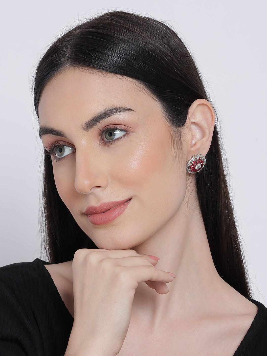 Silver Plated Red Floral Stud Earrings