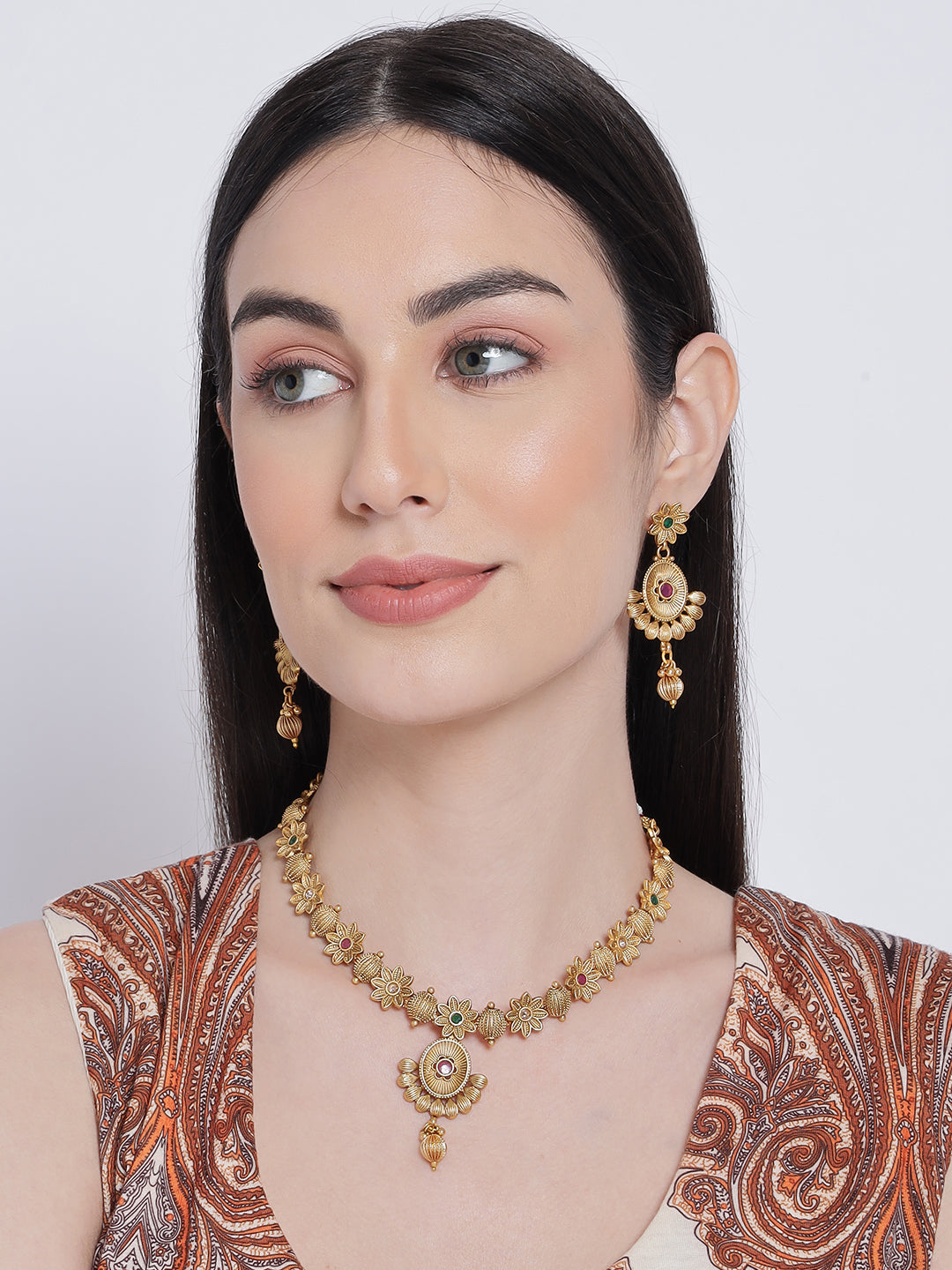 Red & Green Gold-Plated Stone-Studded Handcrafted Jewellery Set