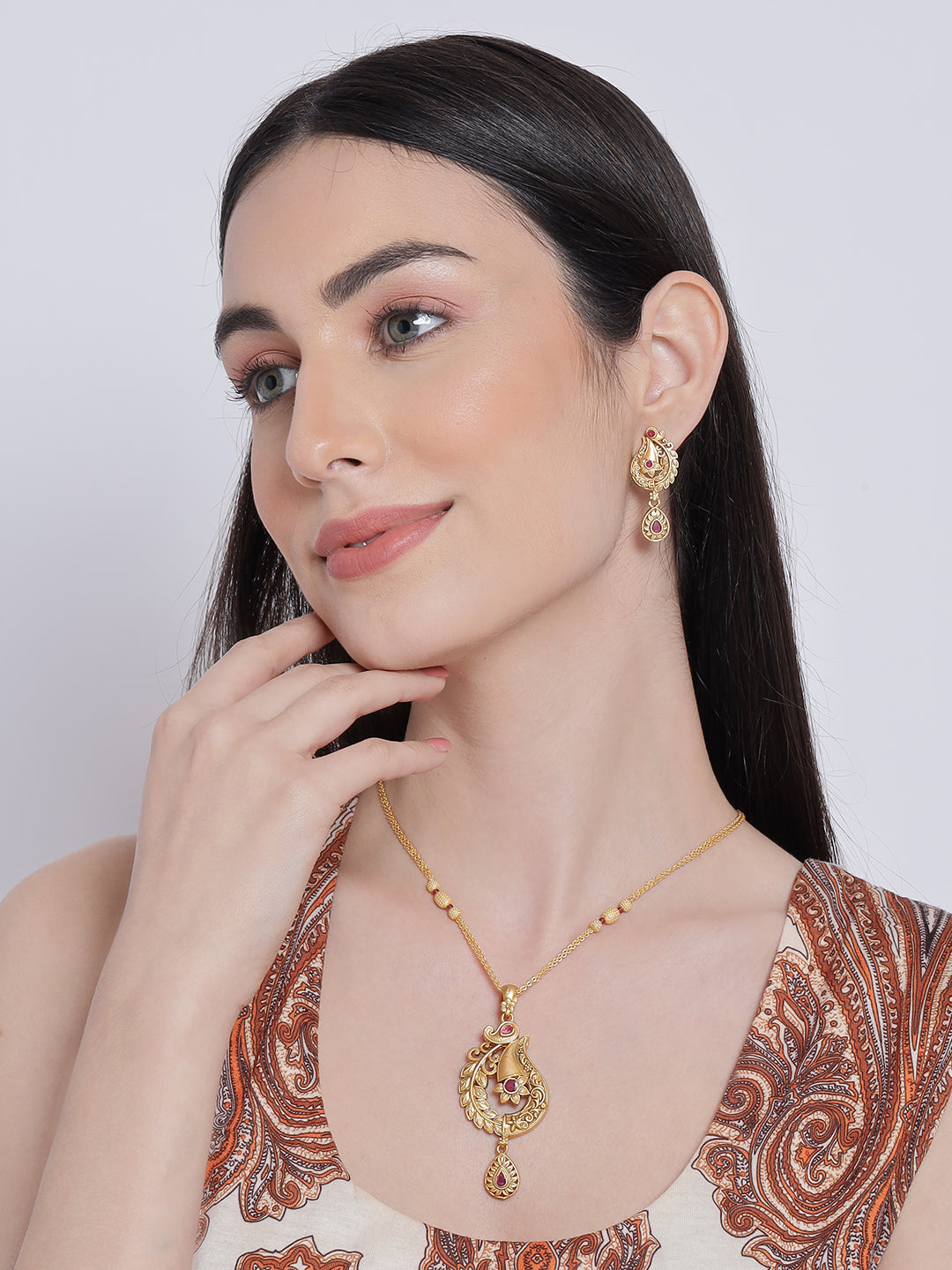 Gold-Plated Maroon Studded Handcrafted Jewellery Set