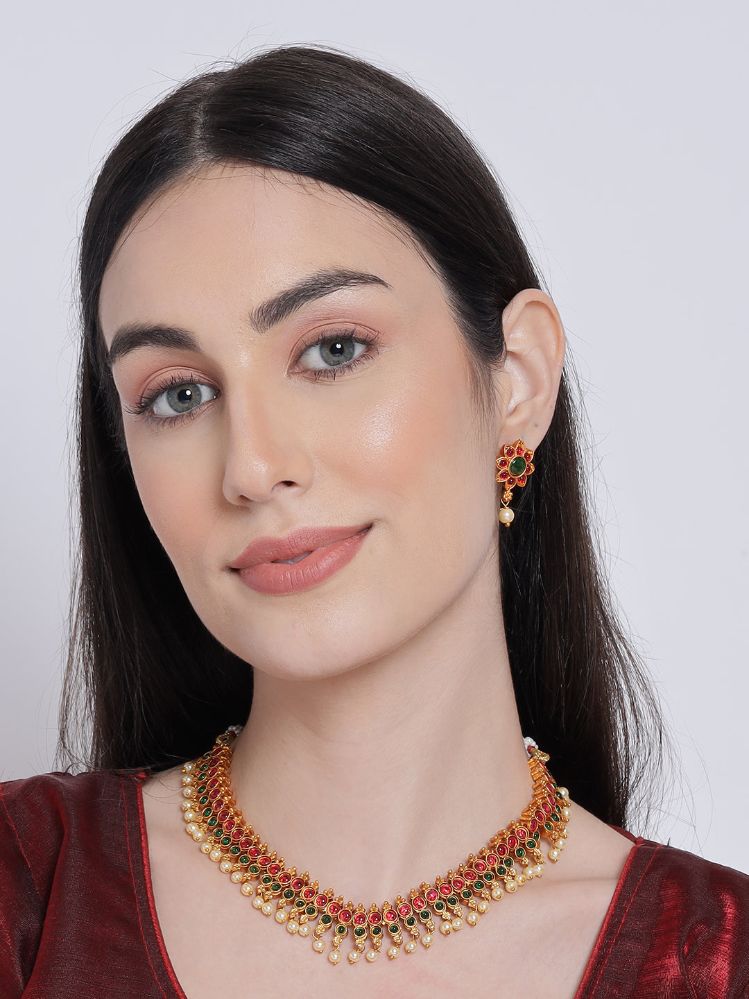 Pink & Green Gold-Plated Stone-Studded & Beaded Handcrafted Jewellery Set