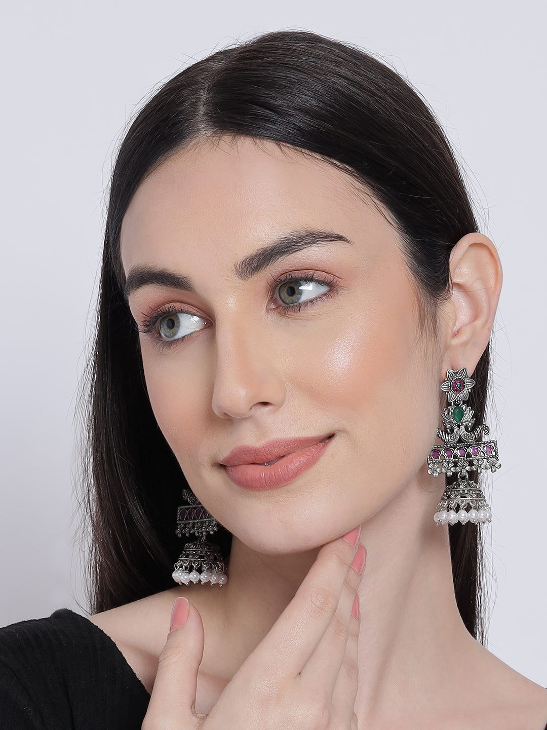 Pink & Green Oxidised Silver-Plated German Silver Stone Studded & Beaded Jhumkas