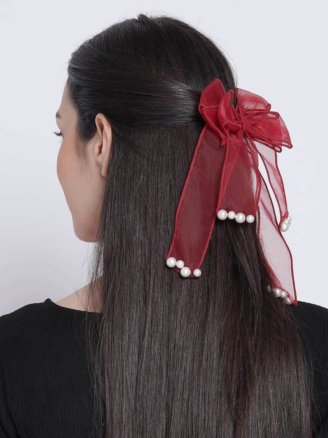 Red & White Set Of 2 Handcrafted Bow Shaped Alligator Hair Clip
