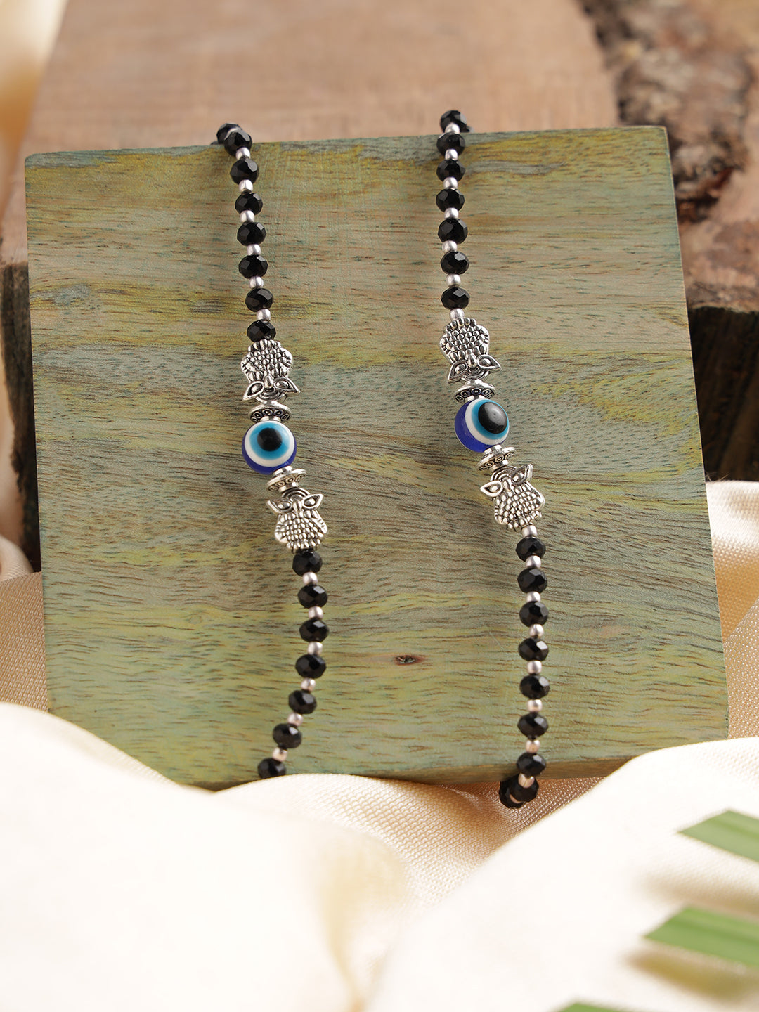 Silver-Plated & Black Beaded Handcrafted Owl & Evil Eye Anklet