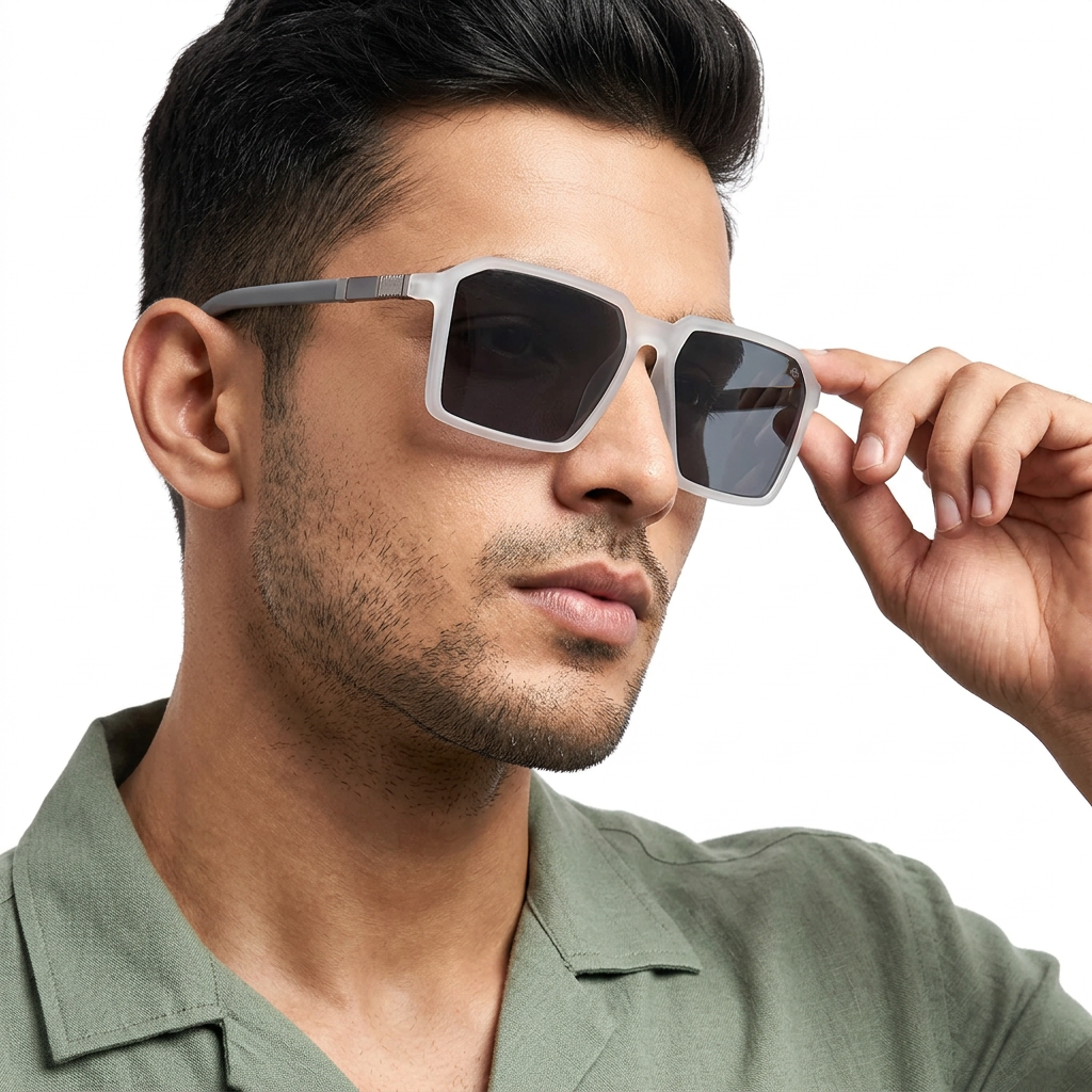 Eyejack Transparent Square Sunglasses for Men and Women - Style 1131 - worn by a male model (image 1)