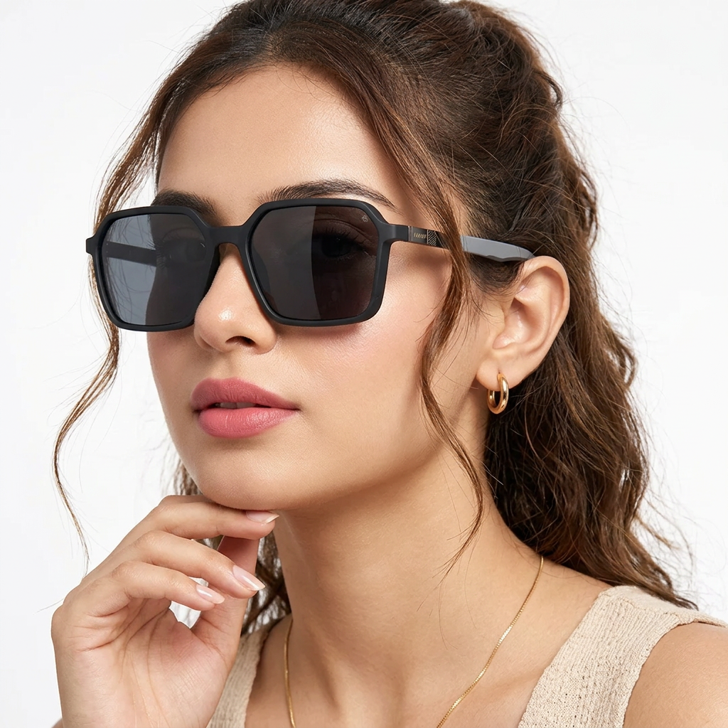 Eyejack Black Square Sunglasses for Men and Women - Style 1126 - worn by a male model (image 3)