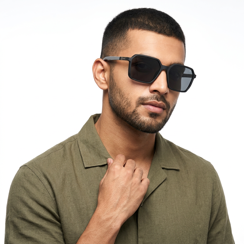 Eyejack Black Square Sunglasses for Men and Women - Style 1126 - worn by a male model (image 1)