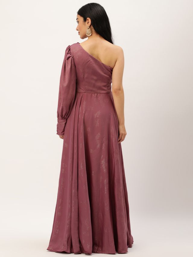 Bollywood Vogue Ready To Wear Mauve Satin Blend Foil Printed Gown