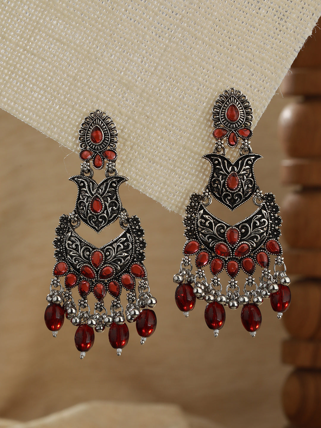 Silver-Toned & Red Classic Chandbalis