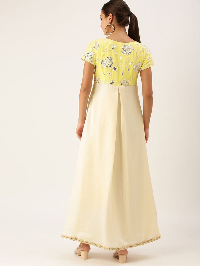 Bollywood Vogue Ready To Wear Beige N Yellow Embroidered Pleated Dress