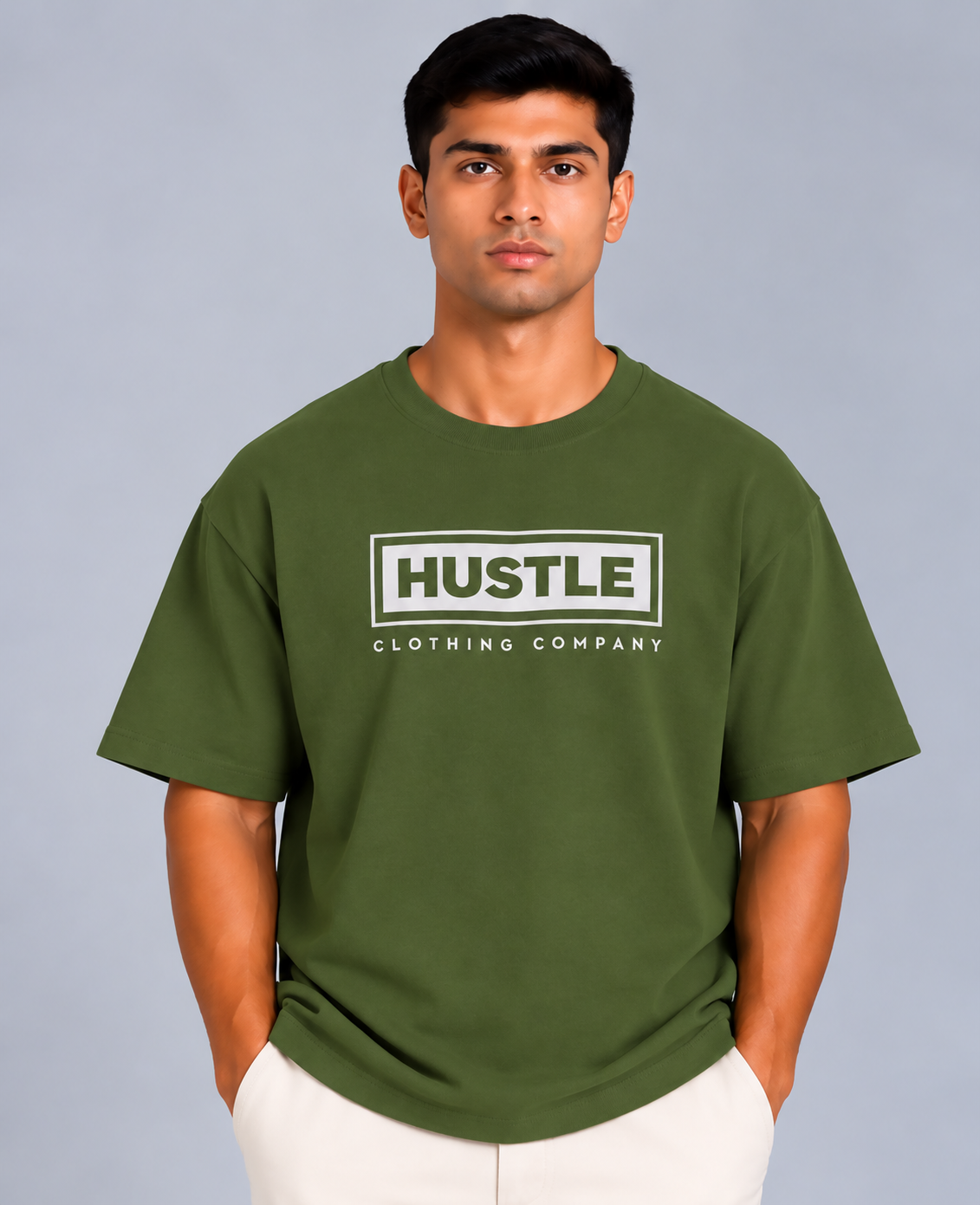 HUSTLE Men's Crew Neck Oversized Tees - Dark Olive Green