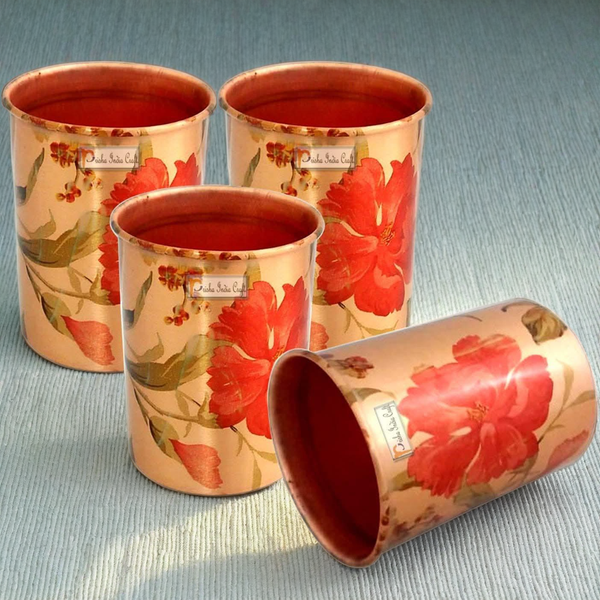 Pure copper digital printed flower design glass tumbler (pack of 4x300ml) | PRISHA INDIA CRAFT