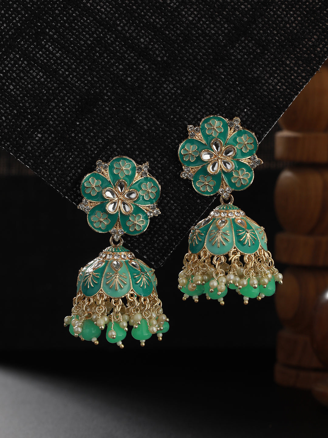 Gold-Plated & Sea Green Dome Shaped Jhumkas