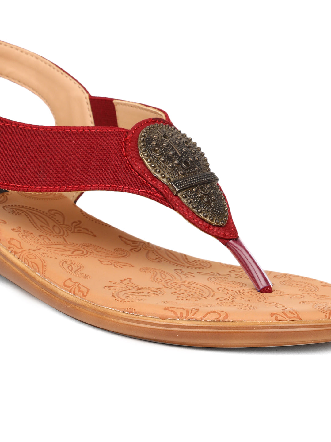 Bata Women's Maroon T-Strap Flat Sandals - Maroon