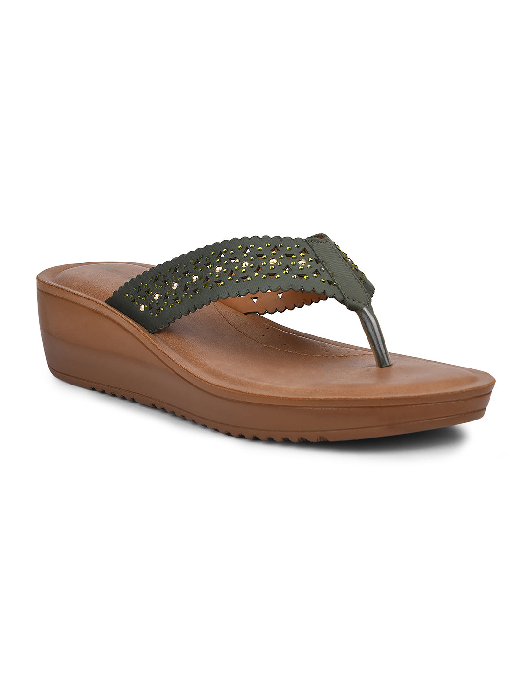 Bata Women Olive Wedge Heel Thong Sandal - Olive - View 1