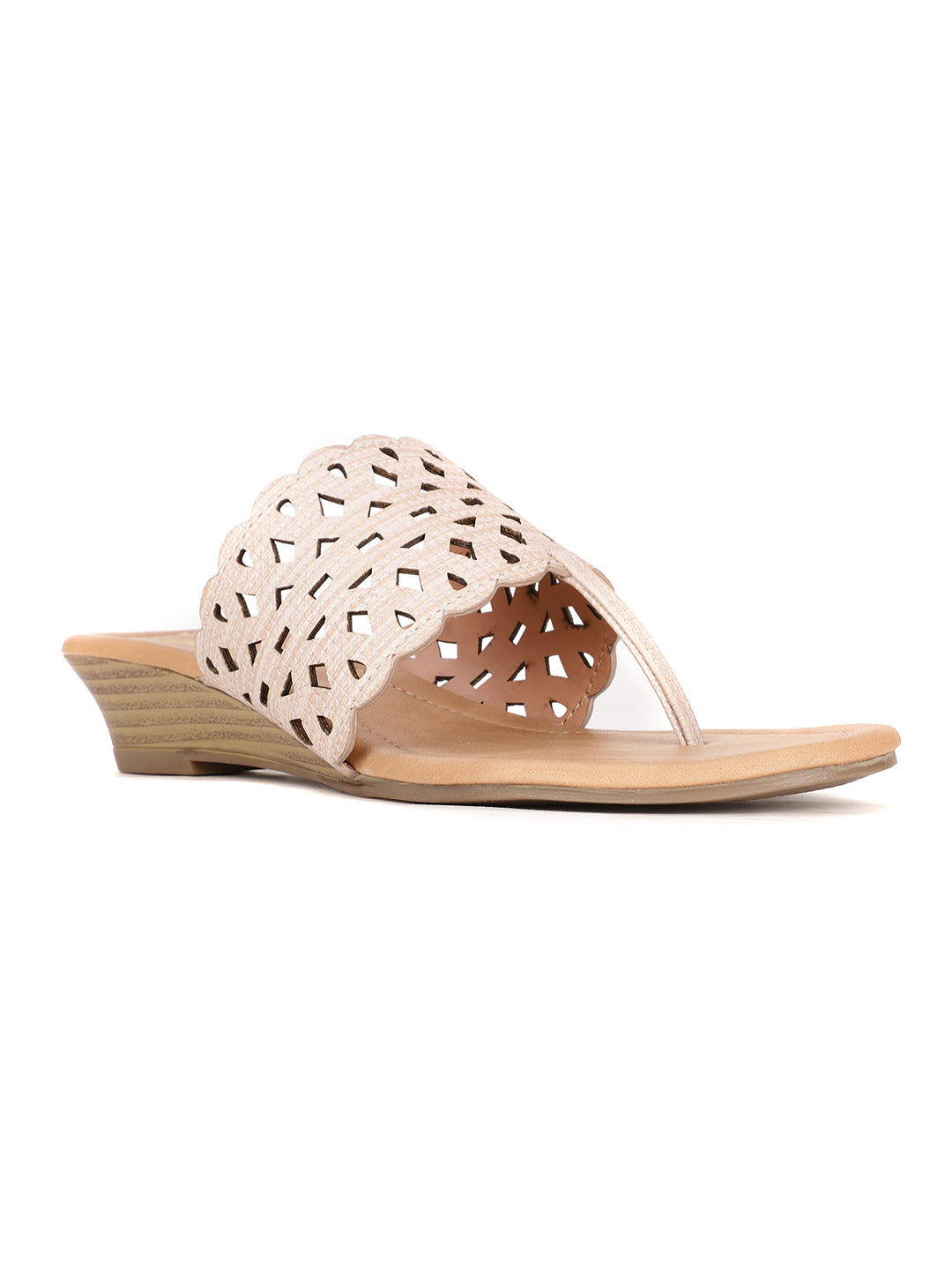 Bata Women's Beige T-Strap Wedge Heel Sandals - Beige