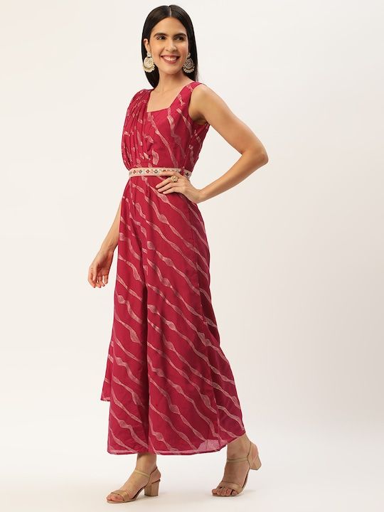 Bollywood Vogue Ready To Wear Wine Chinon Foil Print Draped Style Jumpsuit