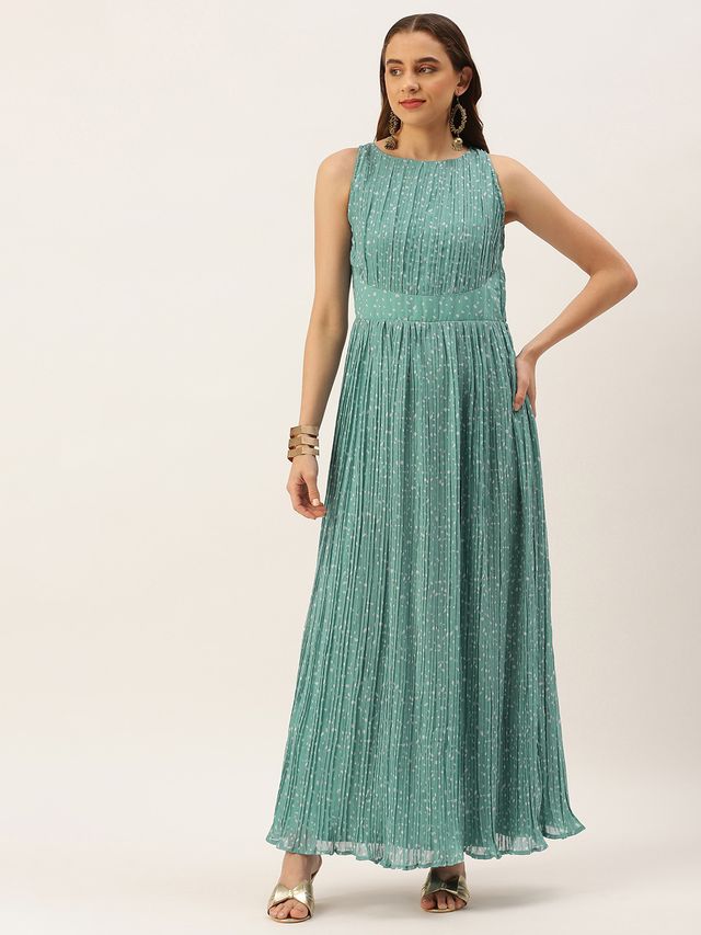 Bollywood Vogue Ready To Wear Blue N White Printed Pleated Georgette Dress