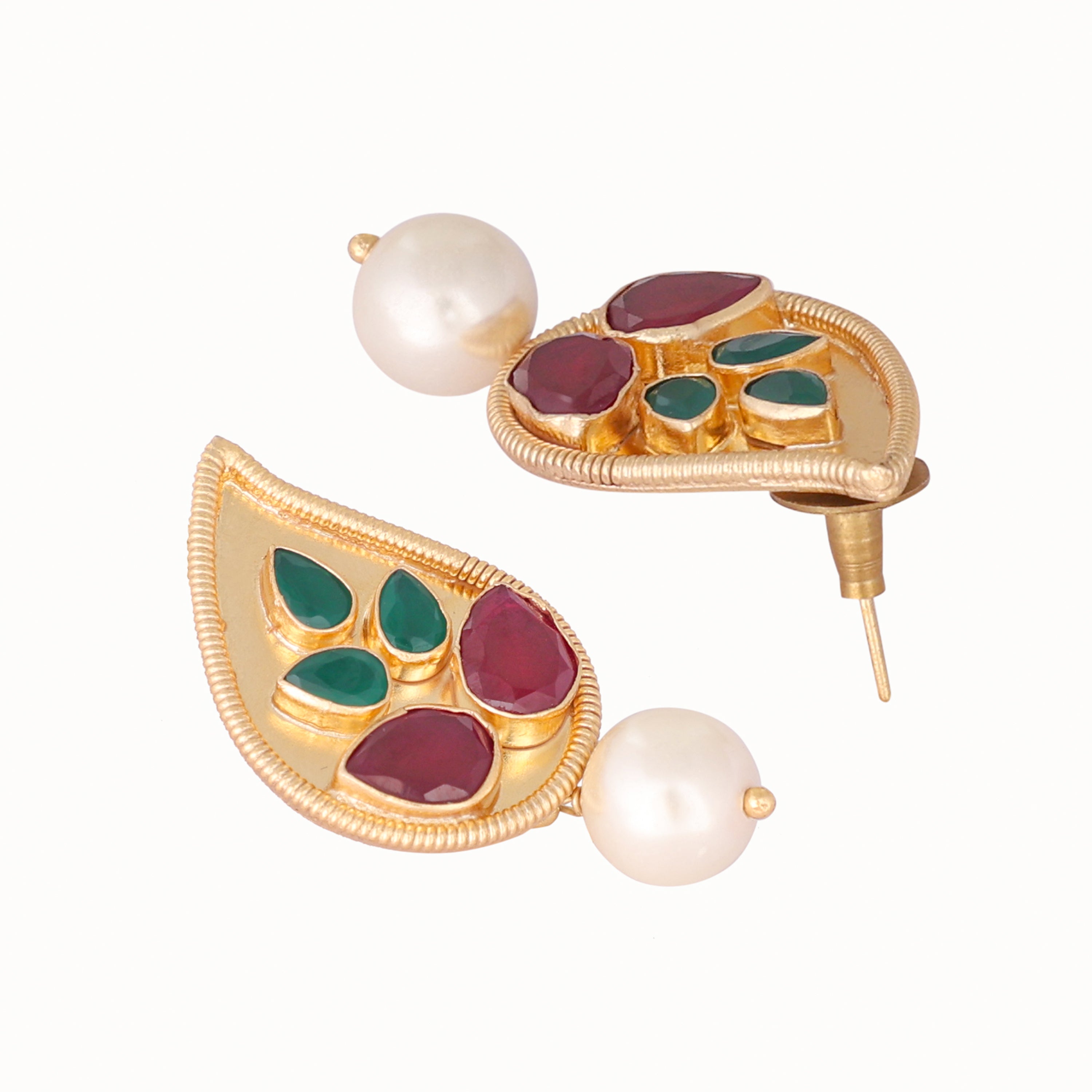 22K Gold Plated Ruby Stone Pearl Drop Earrings