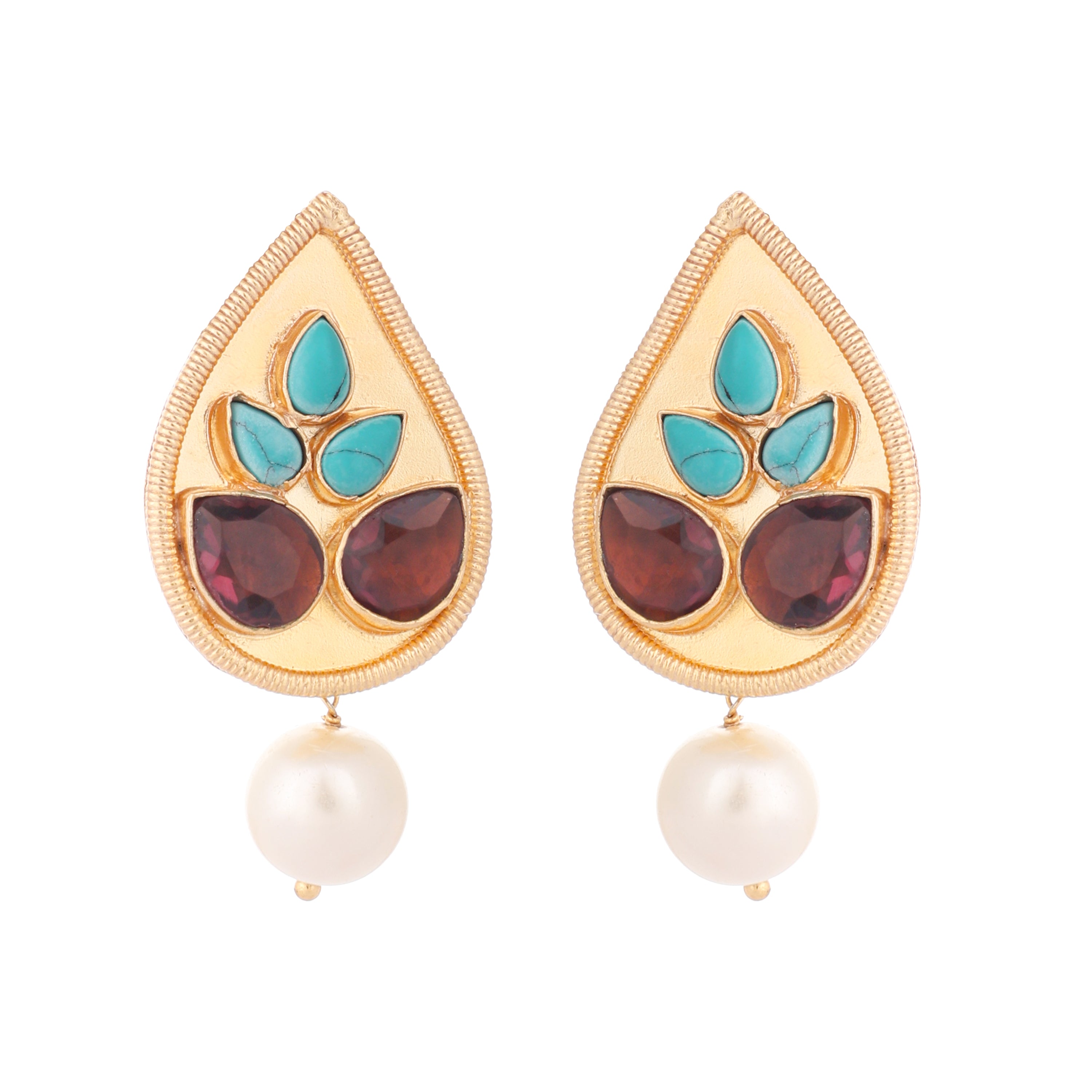22K Gold Plated Faux Turquoise Pearl Drop Stud Earrings