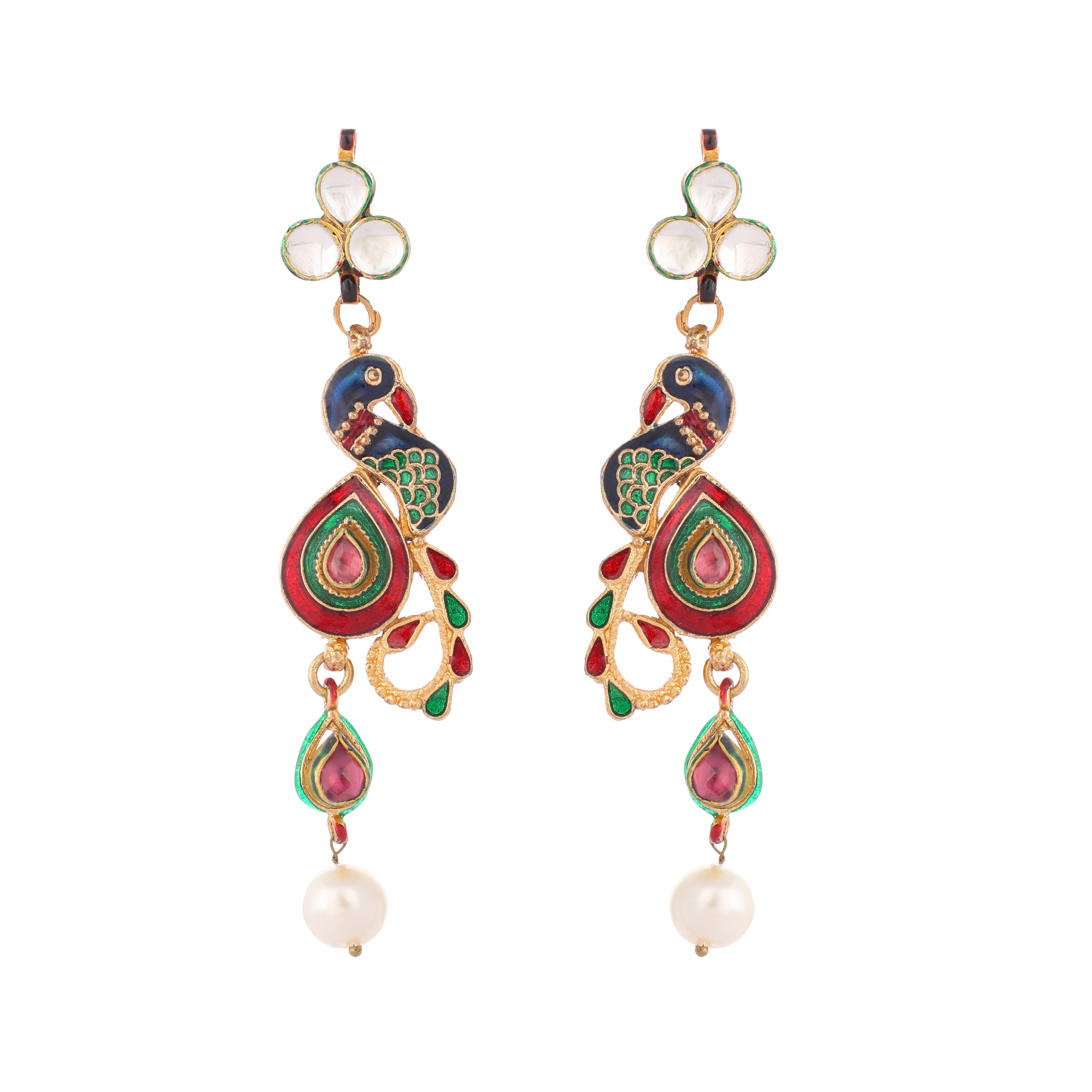 22K Gold Plated Pearl Kundan Studded Peacock Danglers