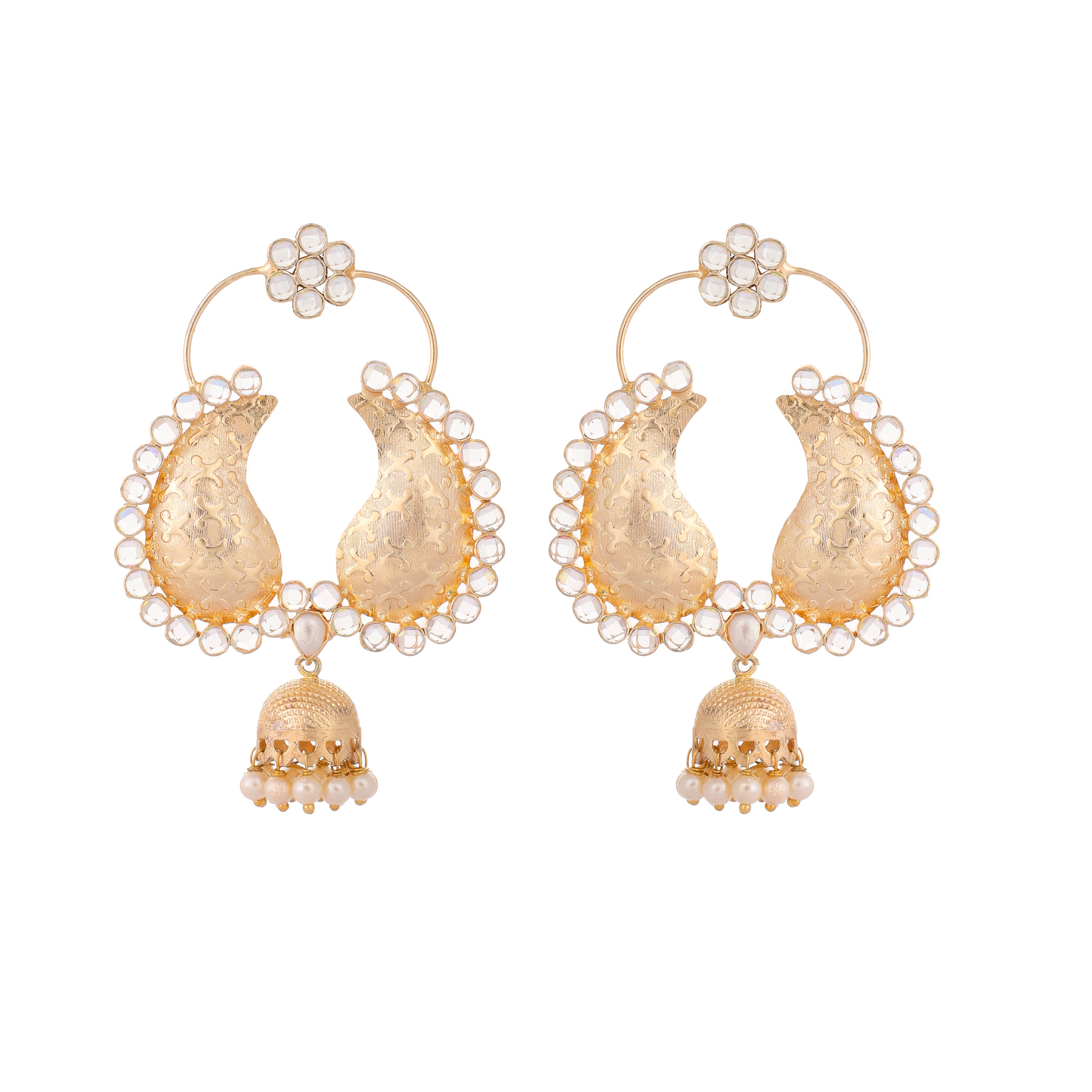 22K Gold Plated White Stone Studded Jhumki Dangler Earrings