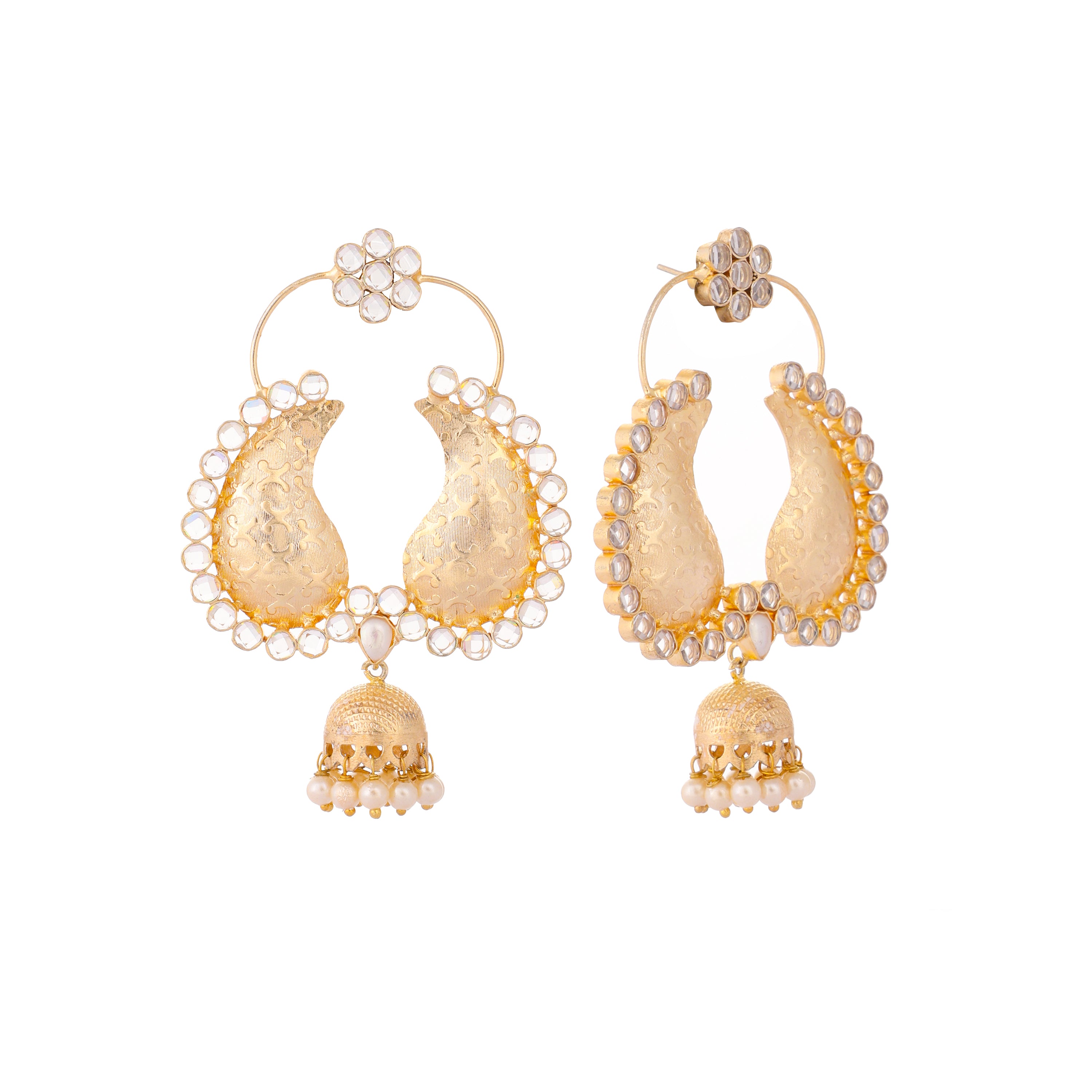 22K Gold Plated White Stone Studded Jhumki Dangler Earrings