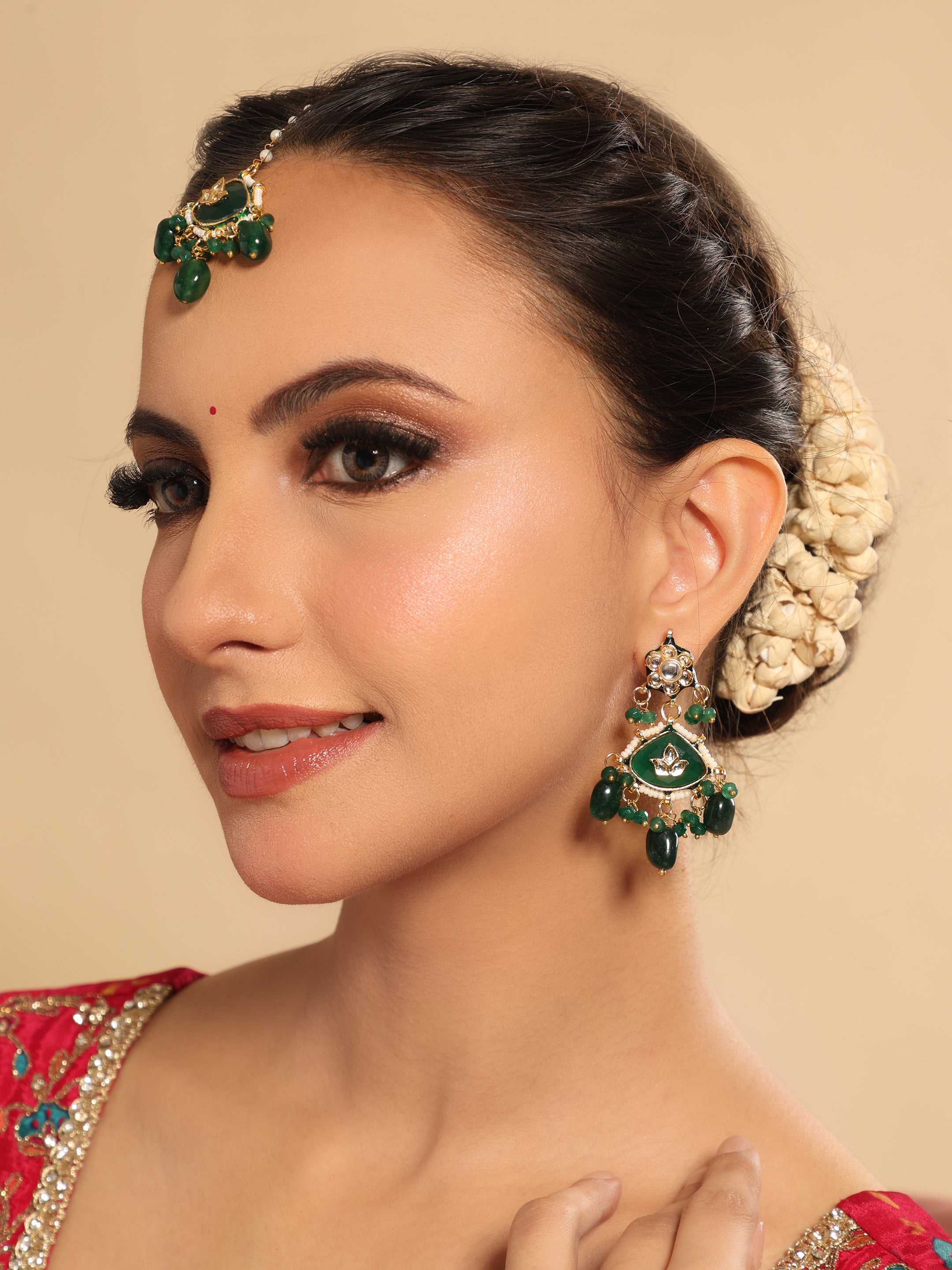 22K Gold Plated Emerald Dangler and Maangtika set