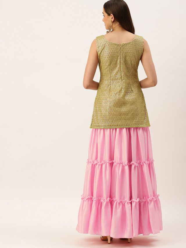 Bollywood Vogue Ready To Wear Beige Net Beads Embroidery Skirt and Top