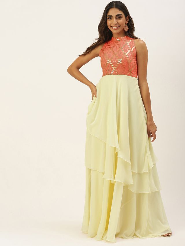 Bollywood Vogue Ready To Wear Off White N Peach Georgette Embroidered Gown