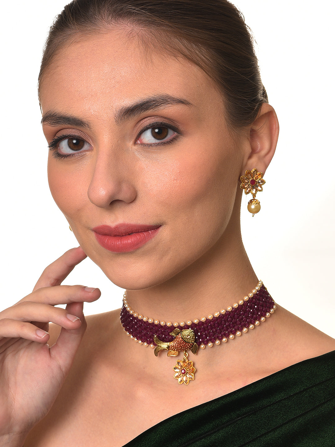Gold-Toned & Mahroon Fish Studded & Beaded Jewellery Set