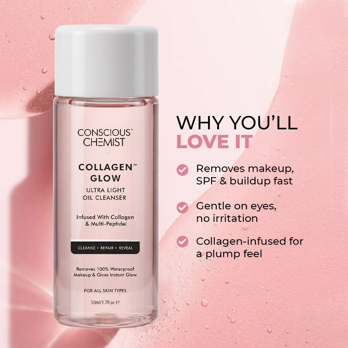 Conscious Chemist Collagen Glow Ultra Light Oil Cleanser | Makeup Remover with Hydrolyzed Collagen (50 ml)