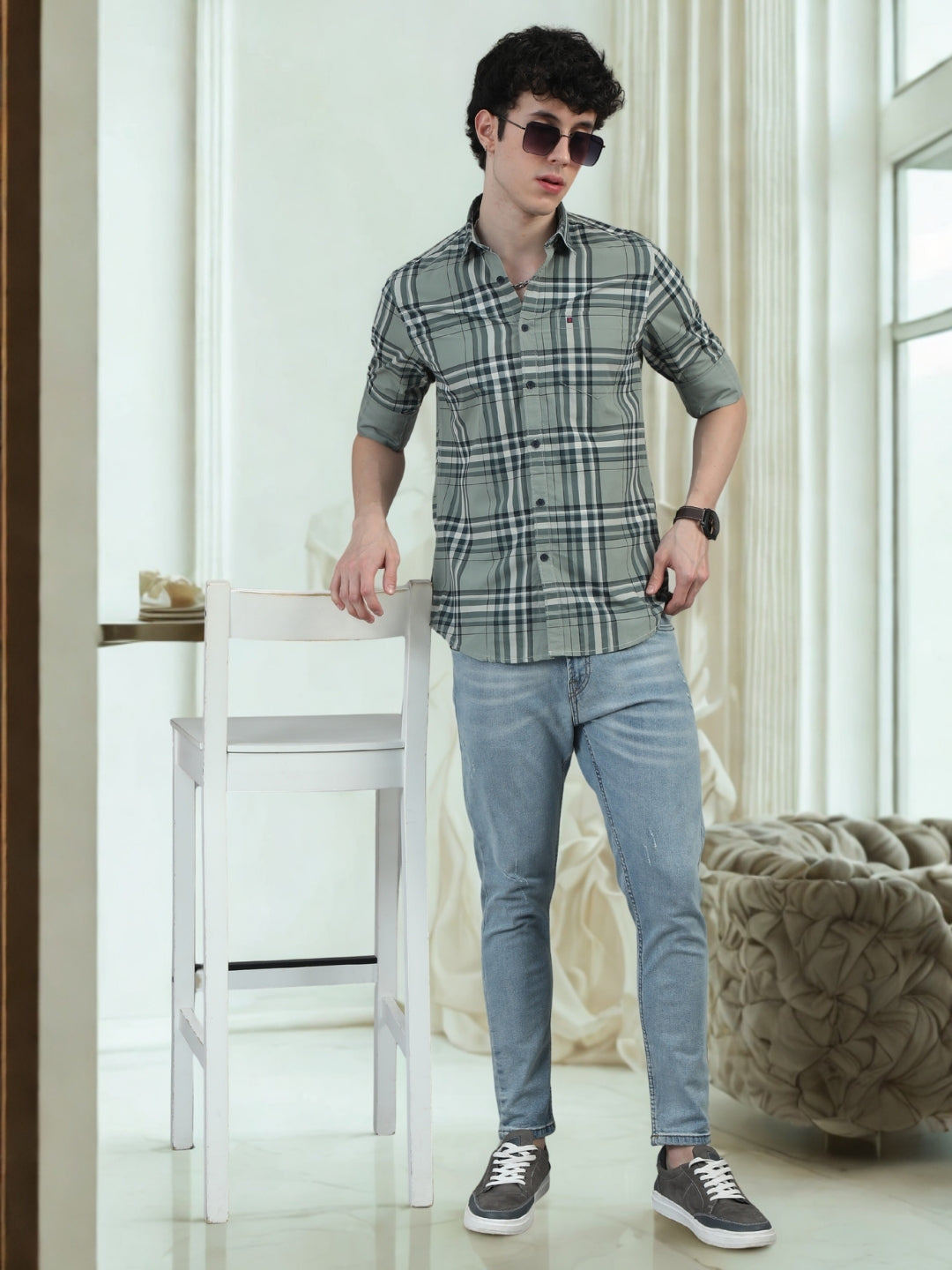 Men Light Green Slim Fit Checks Full Sleeve Casual Shirt Cool Colors