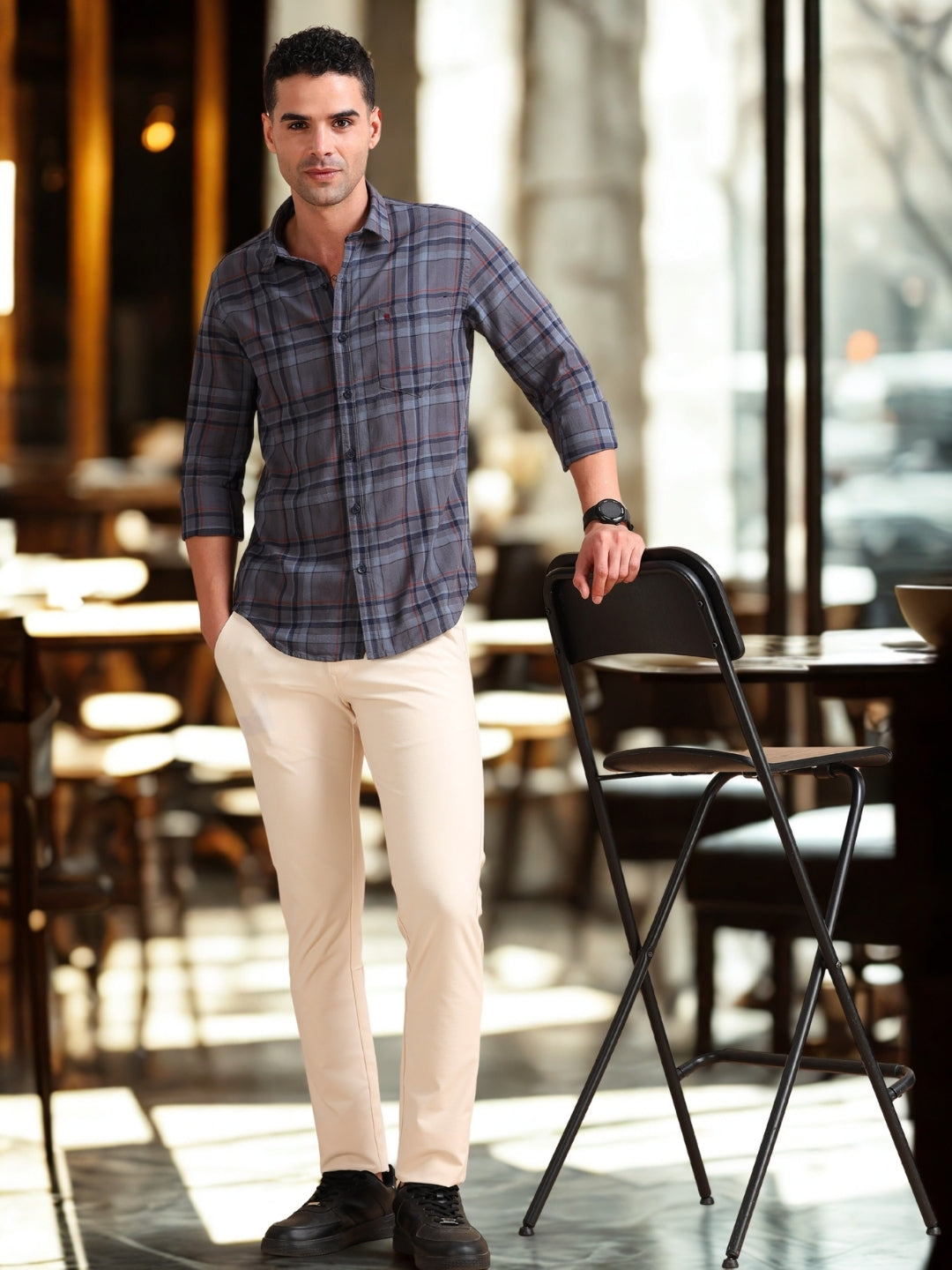 Men Dark Grey Slim Fit Checks Full Sleeve Casual Shirt Cool Colors
