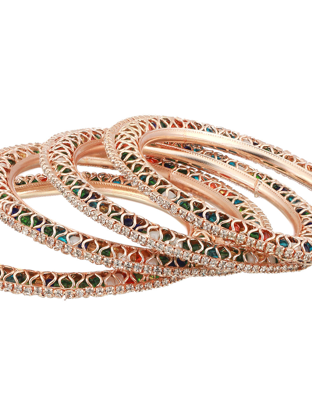 Set Of 4 Rose Gold Plated Stone-Studded Crystal-Beaded Bangles