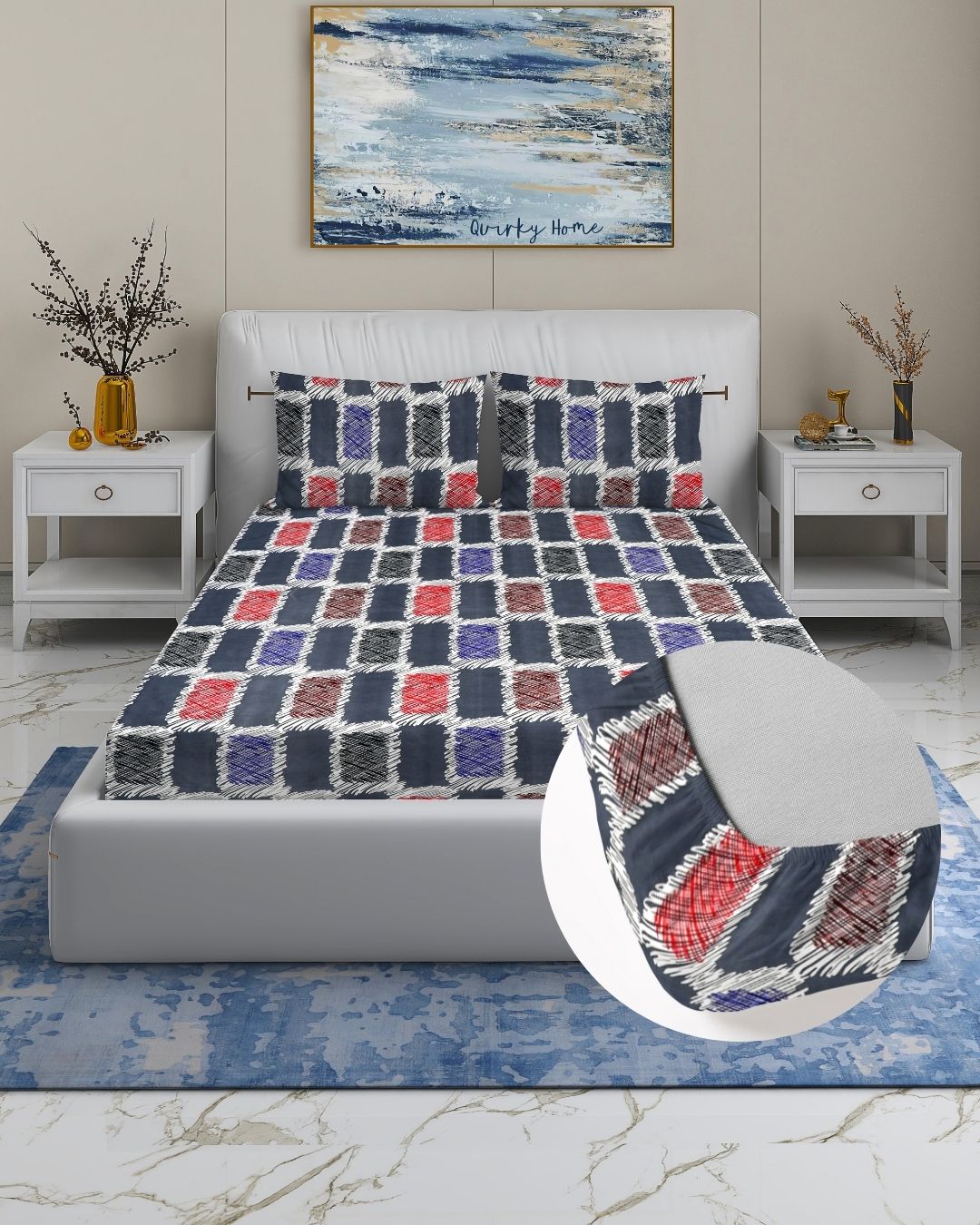 Fantasy Collection Premium Cotton 200 TC Fitted Queen Bedsheet with 2 Pillow Covers - Black