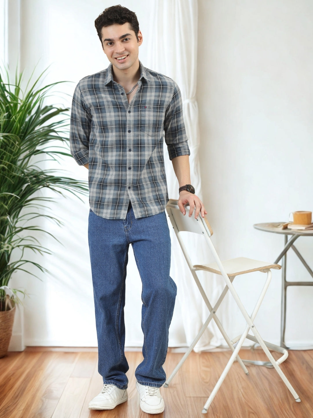 Men Grey Slim Fit Checks Full Sleeve Casual Shirt Cool Colors